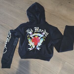 Ed Hardy Black Hoodie with Heart and Banner Design